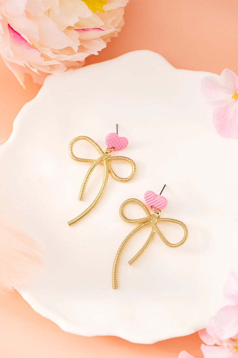 Load image into Gallery viewer, DLLER 27 - Pink Waffled Heart Stud Gold Plated Bow Dangle Earrings
