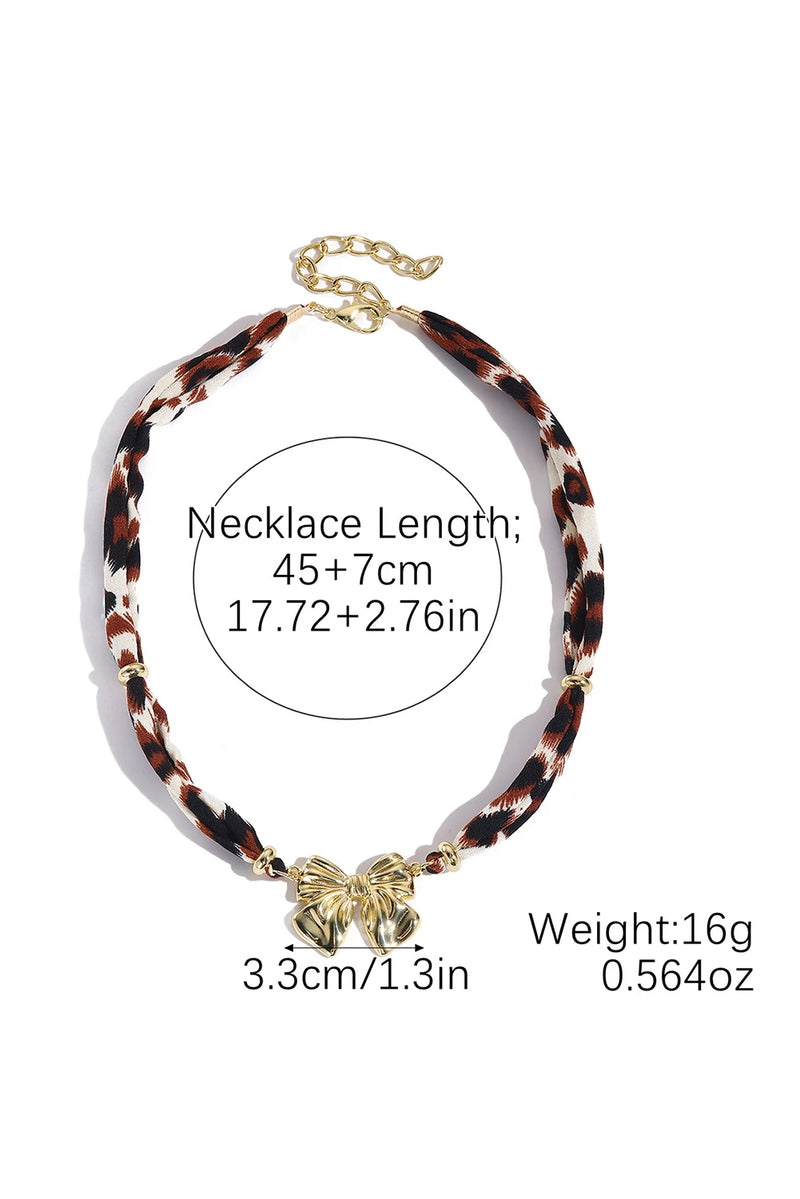 Load image into Gallery viewer, DLLNK 7 - Gold Plated Bow Charm Leopard Ribbon Necklace
