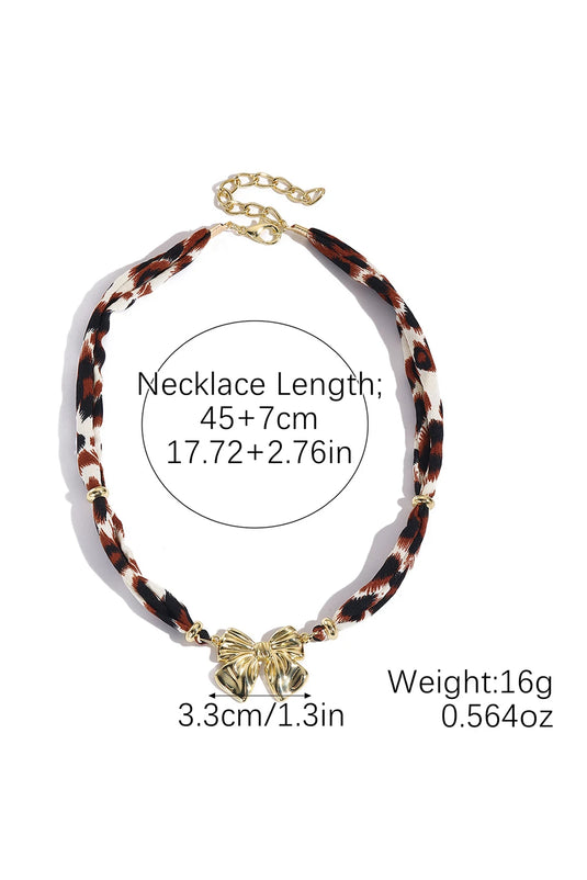 DLLNK 7 - Gold Plated Bow Charm Leopard Ribbon Necklace