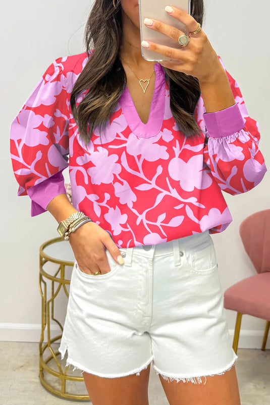 DLLS330 - Ladies Red Floral Print Split V Neck Cuffed Bracelet Sleeve Blouse