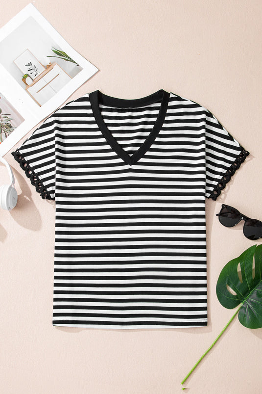 DLLS348 - Ladies Black Striped Print V Neck Delicate Trim Casual Tee