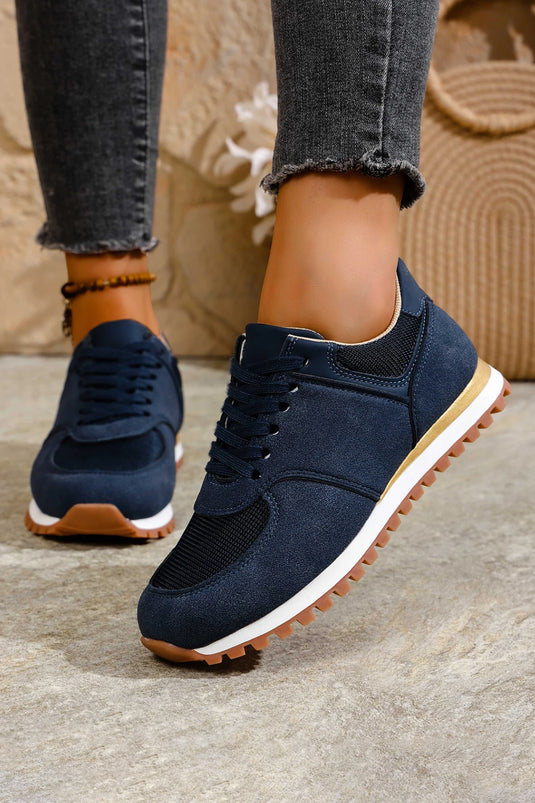 DLLSHOE 54 - Navy Blue Faux Suede Mixed Patchwork Retro Jogger Sneakers