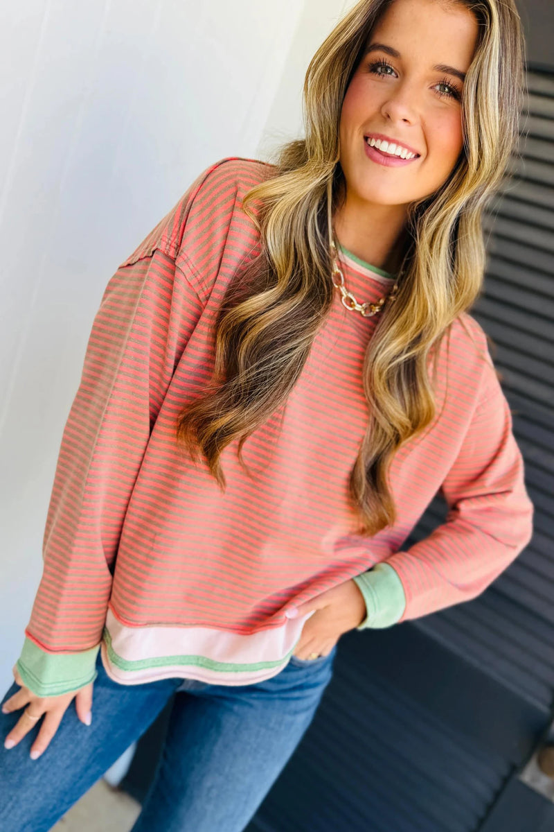 Load image into Gallery viewer, DLLS683 - Ladies Orange Striped Tunic Top with Colorblock Cuffs and Round Neck
