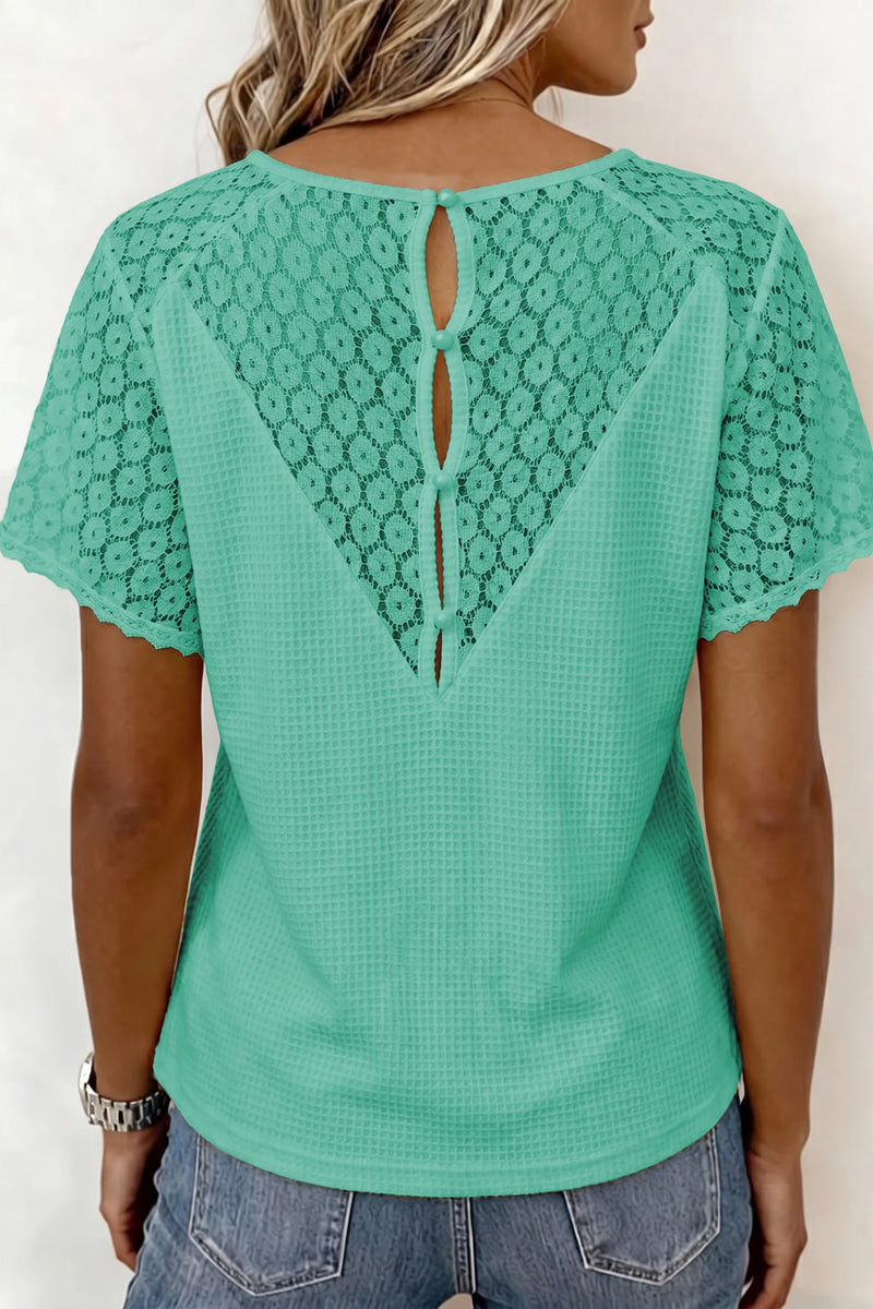Load image into Gallery viewer, DLLS702 - Ladies Mint Green Lace Splicing Button Cutout V Neck Waffle Knit Blouse
