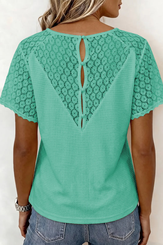 DLLS676 - Ladies Mint Green Lace Splicing Button Cutout V Neck Waffle Knit Blouse