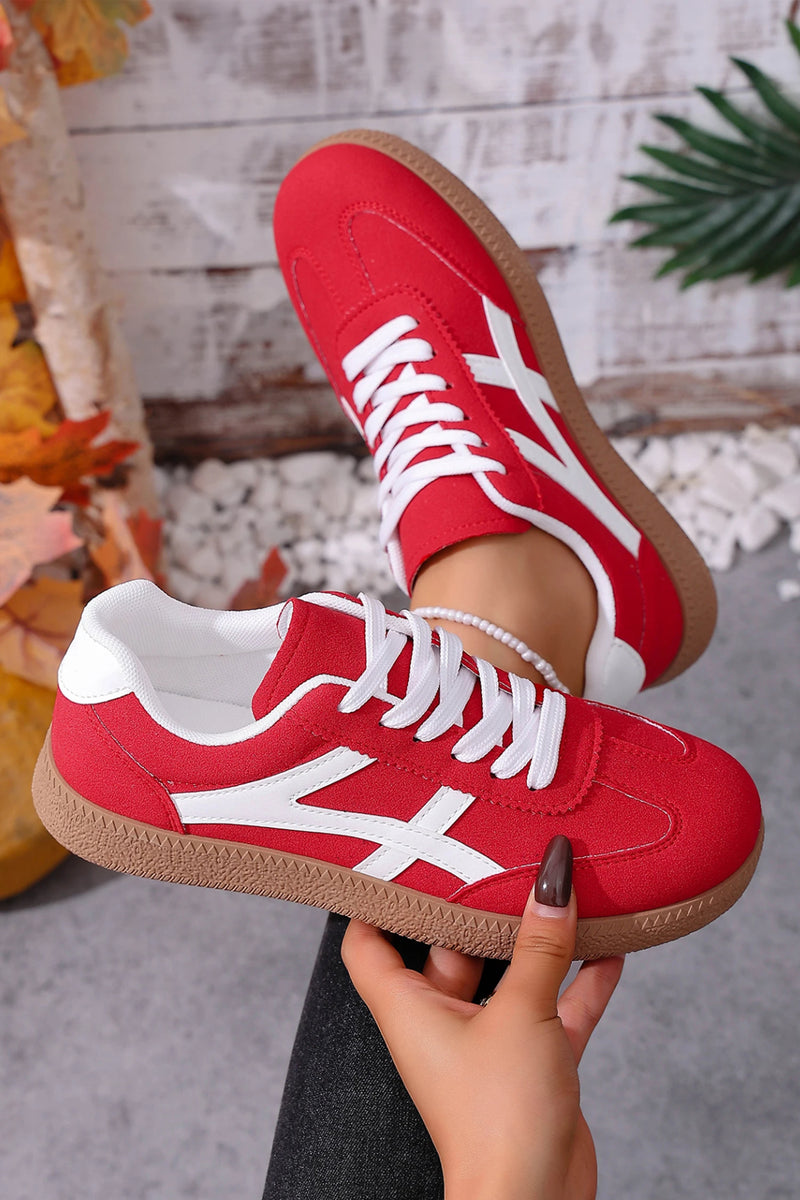 Load image into Gallery viewer, DLLSHOE 201 - Racing Red Faux Suede Contrast Patchwork Detail Lace Up Flat Sneakers
