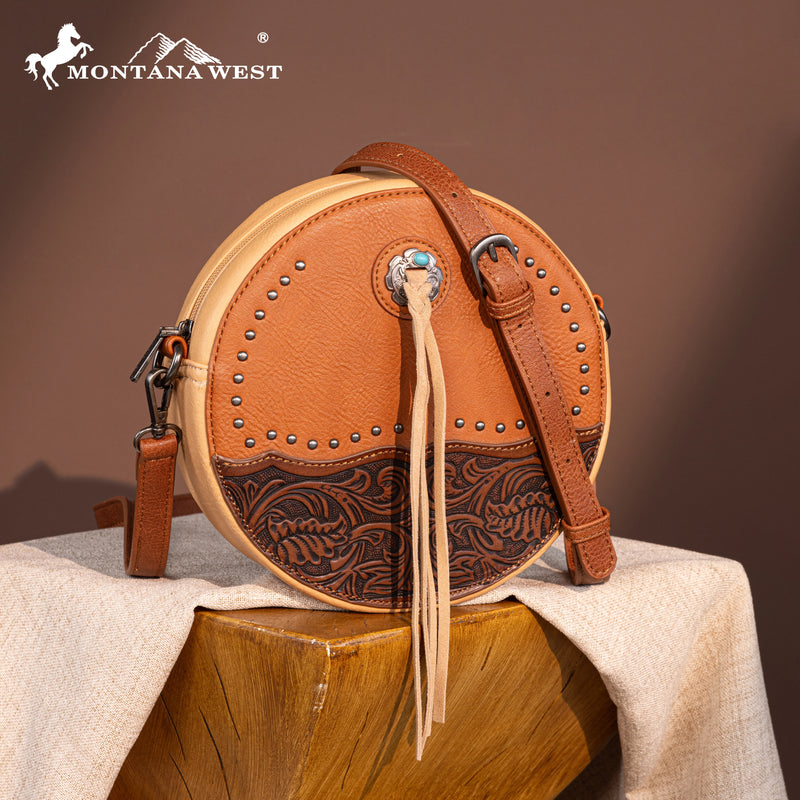 Load image into Gallery viewer, MW1314-118BR - Montana West Tooled Collection Circle Bag/Crossbody
