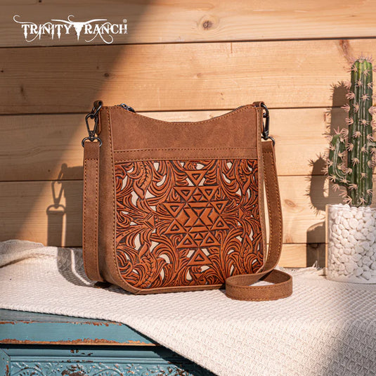 TR190-8360BR - Trinity Ranch Floral Aztec Tooled Crossbody