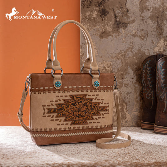 MW1356-8260BR - Montana West Brown Western Tooled Aztec Concealed Carry Tote/Crossbody