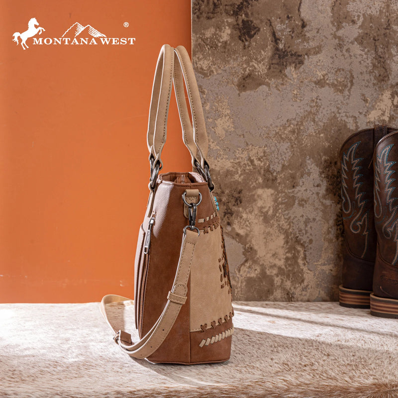 Load image into Gallery viewer, MW1356-8260BR - Montana West Brown Western Tooled Aztec Concealed Carry Tote/Crossbody
