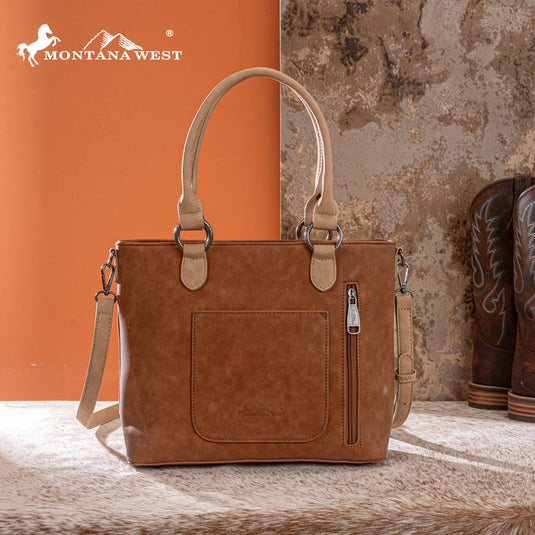 MW1356-8260BR - Montana West Brown Western Tooled Aztec Concealed Carry Tote/Crossbody