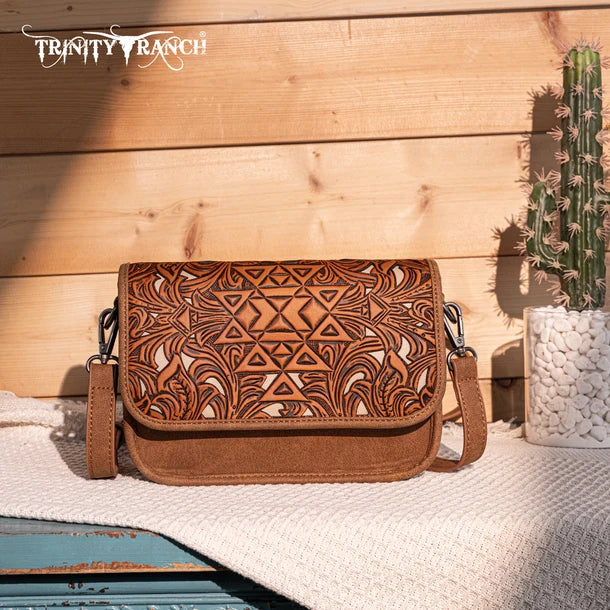 Load image into Gallery viewer, TR190-8367BR - Trinity Ranch Floral Aztec Tooled Crossbody
