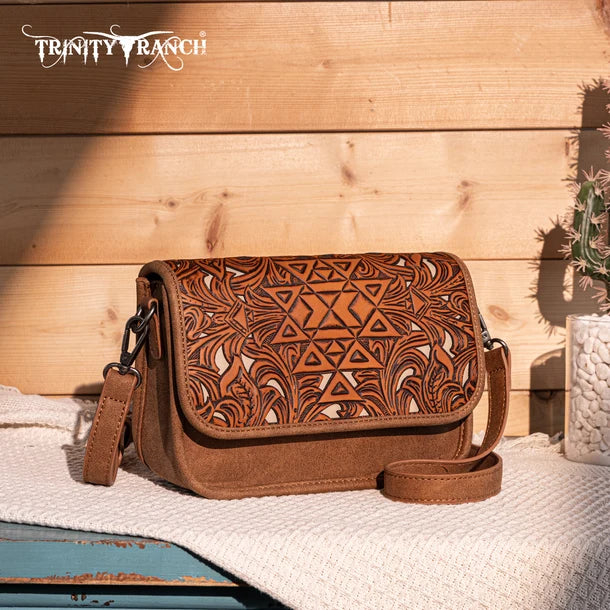 Load image into Gallery viewer, TR190-8367BR - Trinity Ranch Floral Aztec Tooled Crossbody
