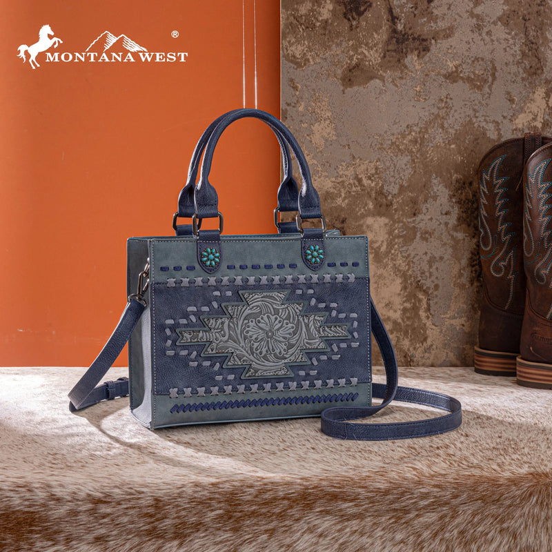 Load image into Gallery viewer, MW1356-8322JN - Montana West Jean Western Tooled Aztec Tote/ Crossbody

