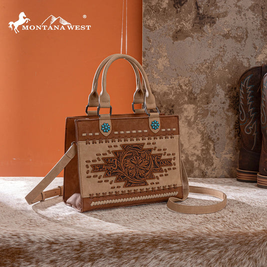 MW1356-8322BR - Montana West Brown Western Tooled Aztec Tote/ Crossbody