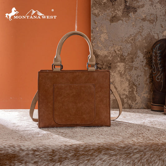 MW1356-8322BR - Montana West Brown Western Tooled Aztec Tote/ Crossbody
