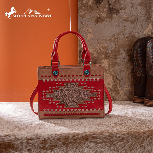 MW1356-8322PK - Montana West Pink Western Tooled Aztec Tote/ Crossbody