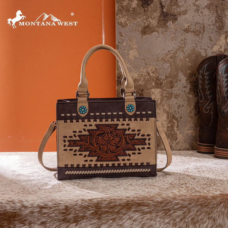Load image into Gallery viewer, MW1356-8322CF - Montana West Coffee Western Tooled Aztec Tote/ Crossbody
