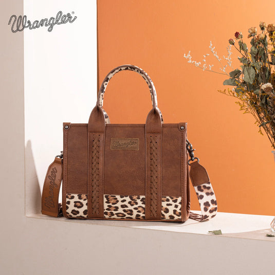 WG102-8120SLP-BR - Wrangler Leopard Print Concealed Carry Tote/Crossbody - Brown