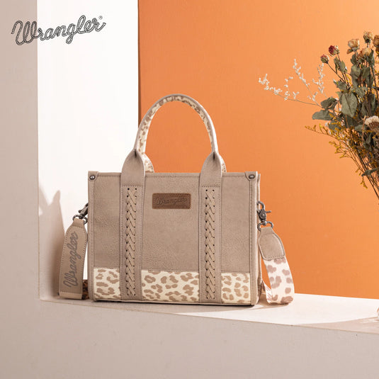 WG102-8120STN - Wrangler Leopard Print Concealed Carry Tote/Crossbody - Tan