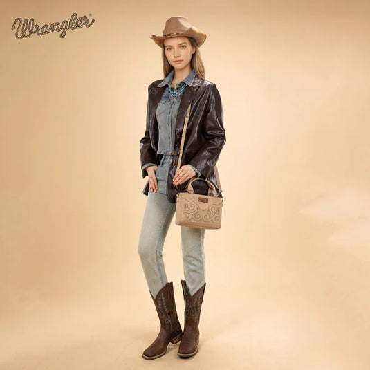 WG337-2003TN - Wrangler Embroidered Swirl Mini Satchel/ Crossbody - Tan