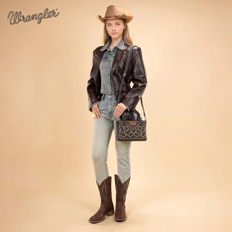 Load image into Gallery viewer, WG337-2003BK - Wrangler Embroidered Swirl Mini Satchel/ Crossbody - Black

