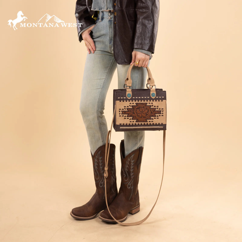 Load image into Gallery viewer, MW1356-8322CF - Montana West Coffee Western Tooled Aztec Tote/ Crossbody
