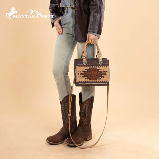 MW1356-8322CF - Montana West Coffee Western Tooled Aztec Tote/ Crossbody