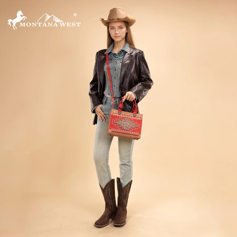 Load image into Gallery viewer, MW1356-8322PK - Montana West Pink Western Tooled Aztec Tote/ Crossbody
