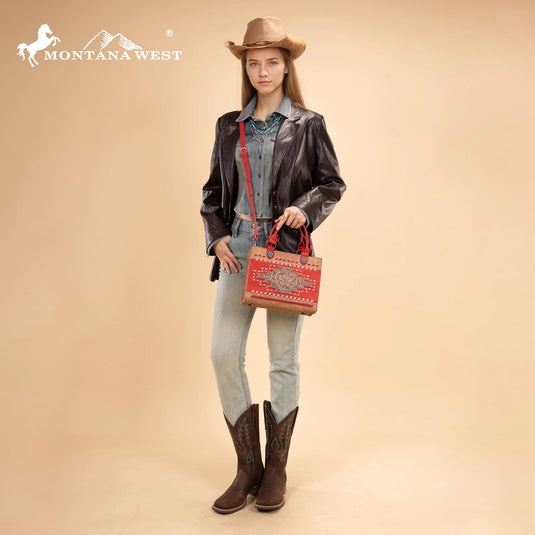 MW1356-8322PK - Montana West Pink Western Tooled Aztec Tote/ Crossbody