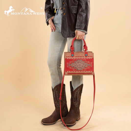 MW1356-8322PK - Montana West Pink Western Tooled Aztec Tote/ Crossbody