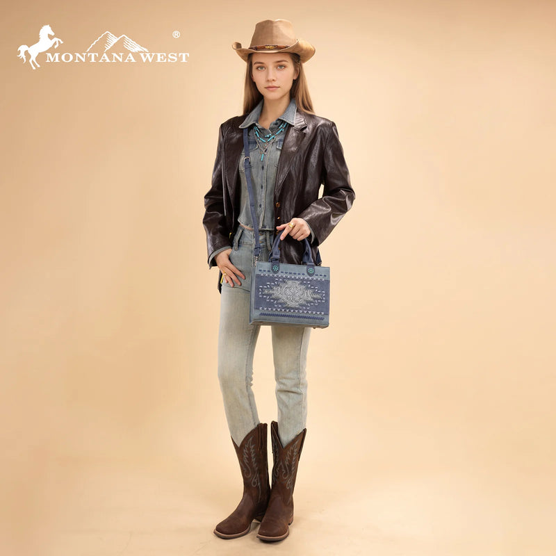 Load image into Gallery viewer, MW1356-8322JN - Montana West Jean Western Tooled Aztec Tote/ Crossbody
