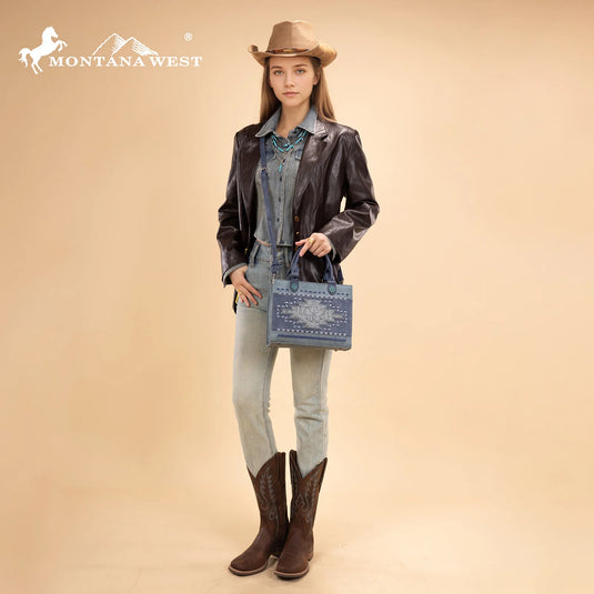 MW1356-8322JN - Montana West Jean Western Tooled Aztec Tote/ Crossbody