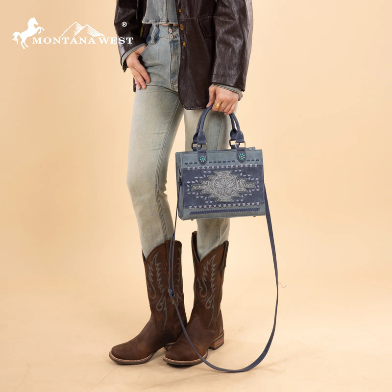Load image into Gallery viewer, MW1356-8322JN - Montana West Jean Western Tooled Aztec Tote/ Crossbody
