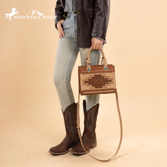 MW1356-8322BR - Montana West Brown Western Tooled Aztec Tote/ Crossbody
