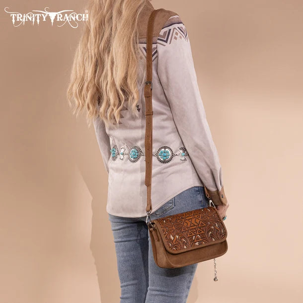 Load image into Gallery viewer, TR190-8367BR - Trinity Ranch Floral Aztec Tooled Crossbody
