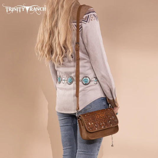 TR190-8367BR - Trinity Ranch Floral Aztec Tooled Crossbody
