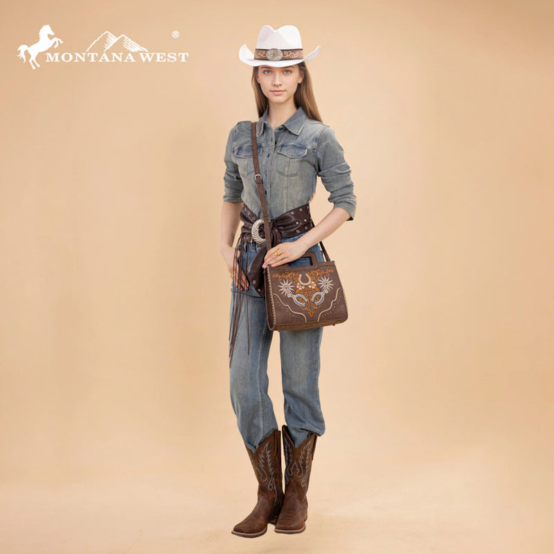 Load image into Gallery viewer, MW1352-8122CF - Montana West Western Embroidered Top Handle Tote Crossbody - Coffee
