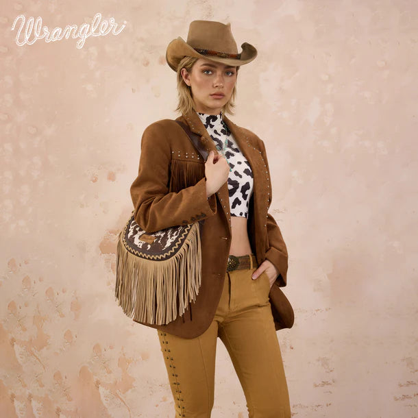 Load image into Gallery viewer, WG444-818CF - Wrangler Coffee Cow Print Fringe Shoulder Hobo Bag
