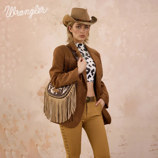 WG444-818CF - Wrangler Coffee Cow Print Fringe Shoulder Hobo Bag