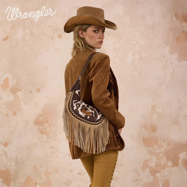 Load image into Gallery viewer, WG444-818CF - Wrangler Coffee Cow Print Fringe Shoulder Hobo Bag
