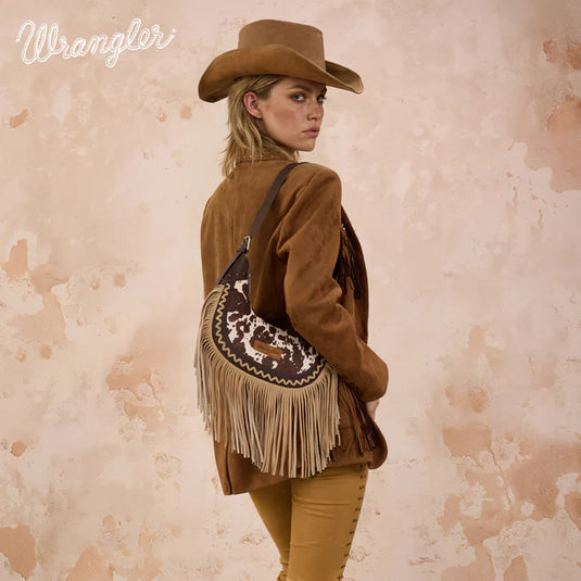 WG444-818CF - Wrangler Coffee Cow Print Fringe Shoulder Hobo Bag