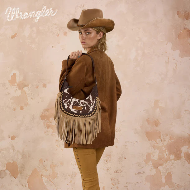 Load image into Gallery viewer, WG444-818CF - Wrangler Coffee Cow Print Fringe Shoulder Hobo Bag
