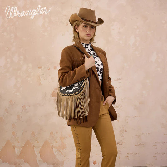 WG444-818BK - Wrangler Black Cow Print Fringe Shoulder Hobo Bag
