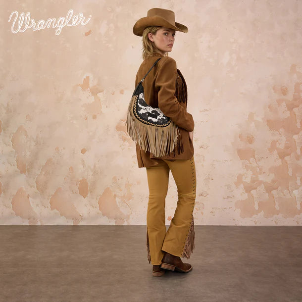 Load image into Gallery viewer, WG444-818BK - Wrangler Black Cow Print Fringe Shoulder Hobo Bag
