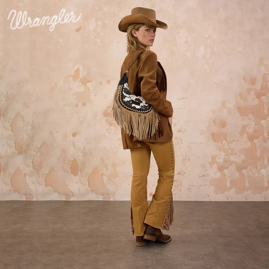 WG444-818BK - Wrangler Black Cow Print Fringe Shoulder Hobo Bag