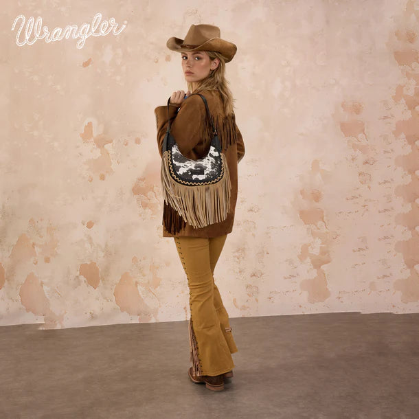 Load image into Gallery viewer, WG444-818BK - Wrangler Black Cow Print Fringe Shoulder Hobo Bag
