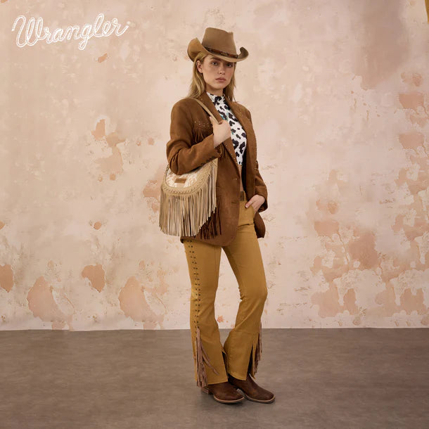 Load image into Gallery viewer, WG444-818TN - Wrangler Tan Cow Print Fringe Shoulder Hobo Bag
