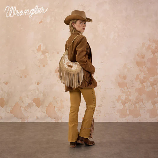 WG444-818TN - Wrangler Tan Cow Print Fringe Shoulder Hobo Bag