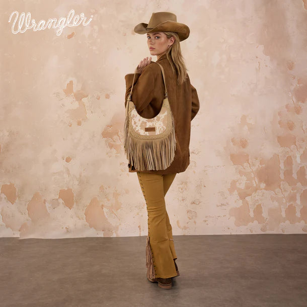 Load image into Gallery viewer, WG444-818TN - Wrangler Tan Cow Print Fringe Shoulder Hobo Bag
